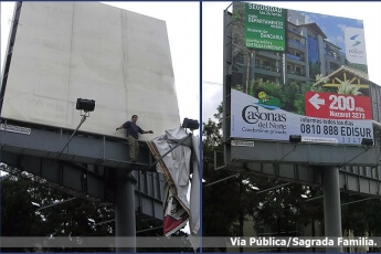 Vía pública, estructuras soportes, tensado de lonas.